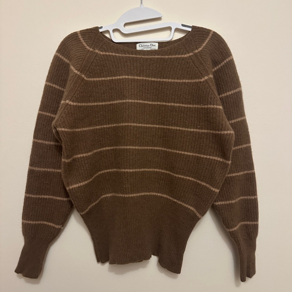 Vintage Christian Dior Brown Striped Angora Lambswool Sweater Elegant Chic Medi